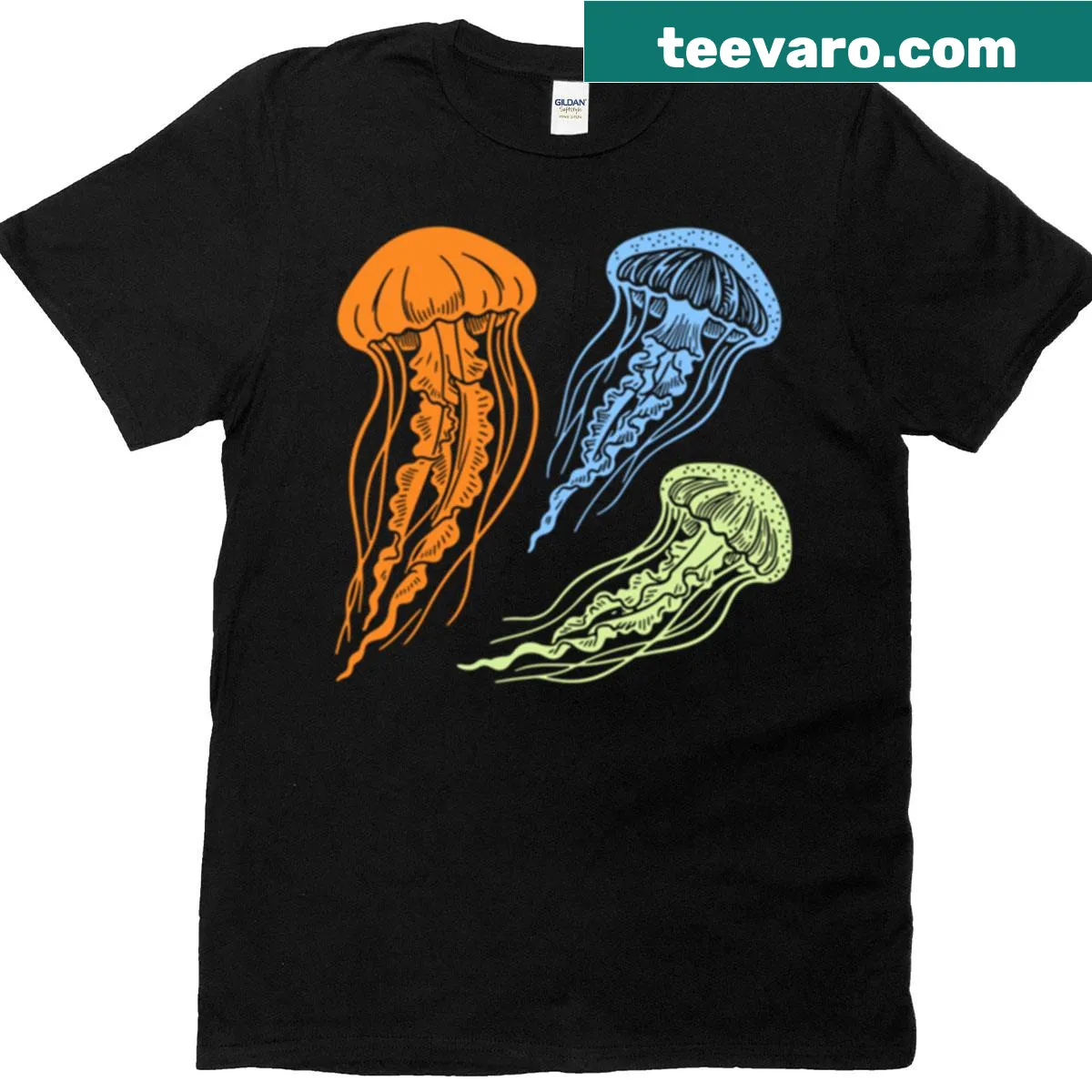 Whimsical jellyfish illustration on ocean-inspired T-shirt — on a men's t-shirt