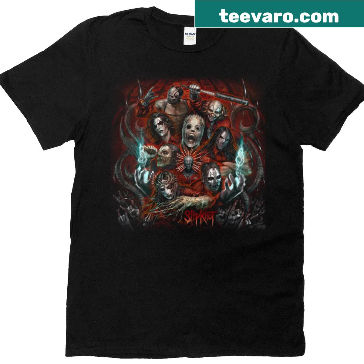 Artistic design of a masked band on a casual t-shirt — on a men's t-shirt