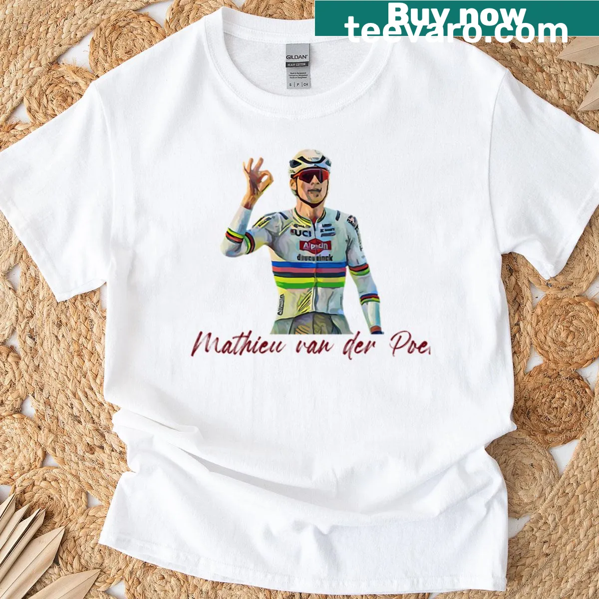 Vintage t-shirt honoring Mathieu Van Der Poel with his name and number — on a men's t-shirt