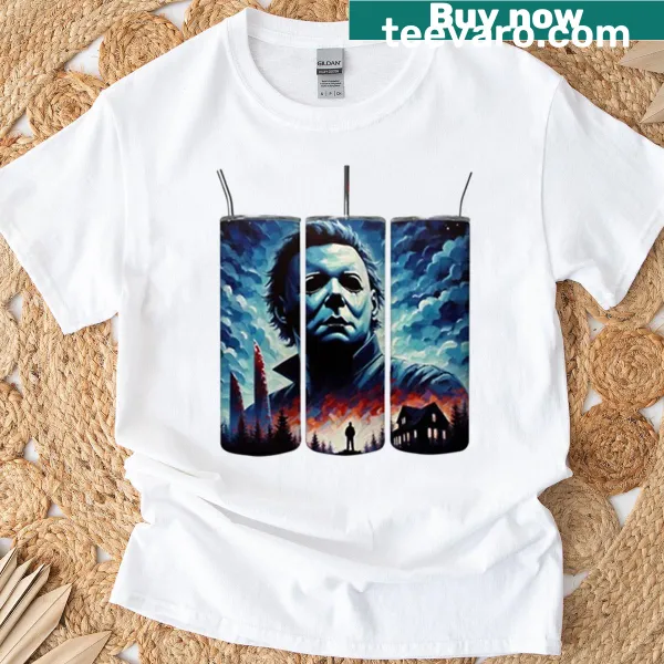 Graphic of Michael Myers on a horror-themed t-shirt