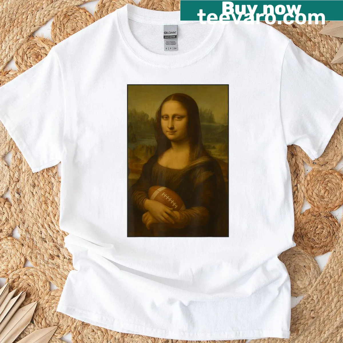 Mona Lisa with a football in a vintage art style t-shirt — on a men's t-shirt