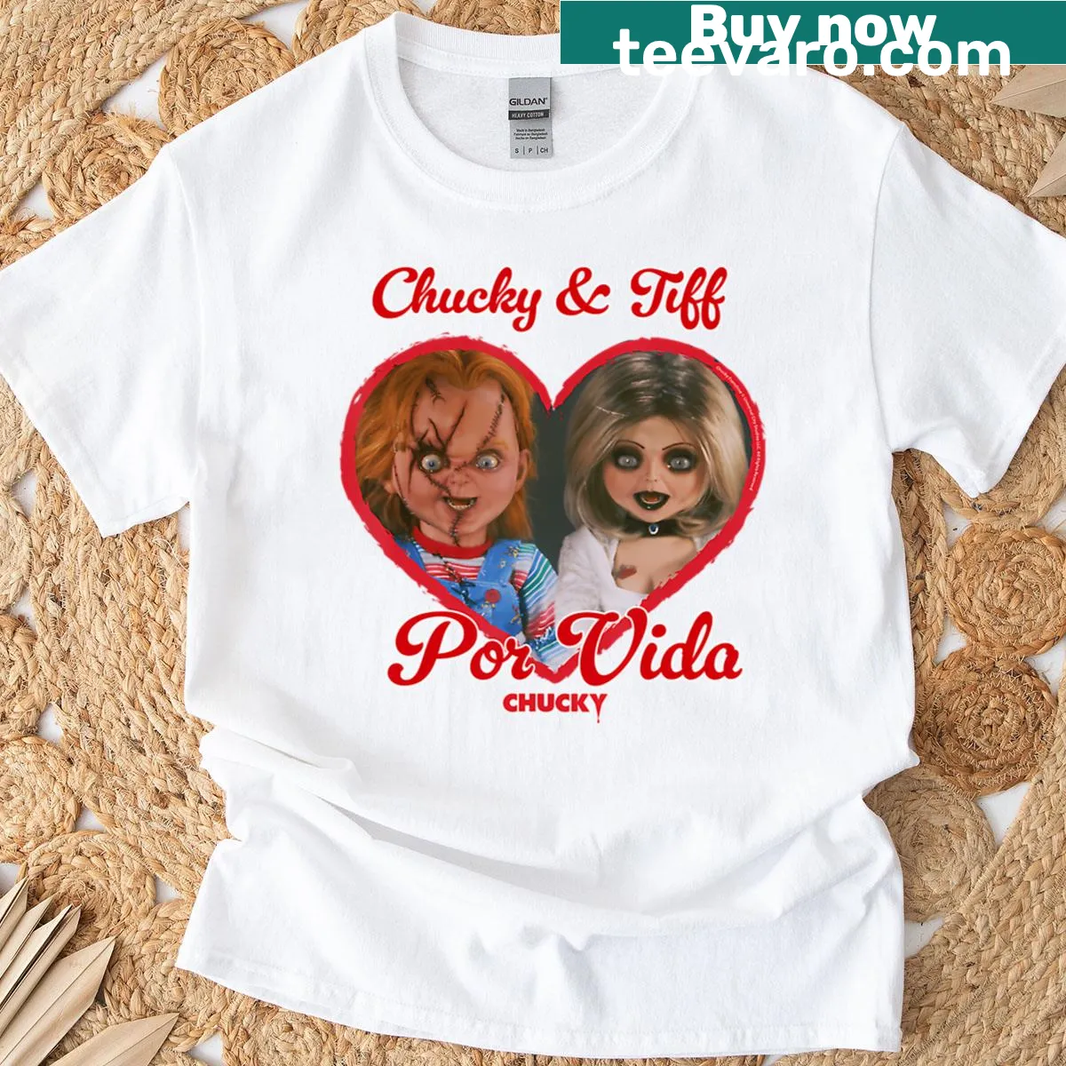 Funny vintage T-shirt featuring a retro horror movie doll design — on a men's t-shirt