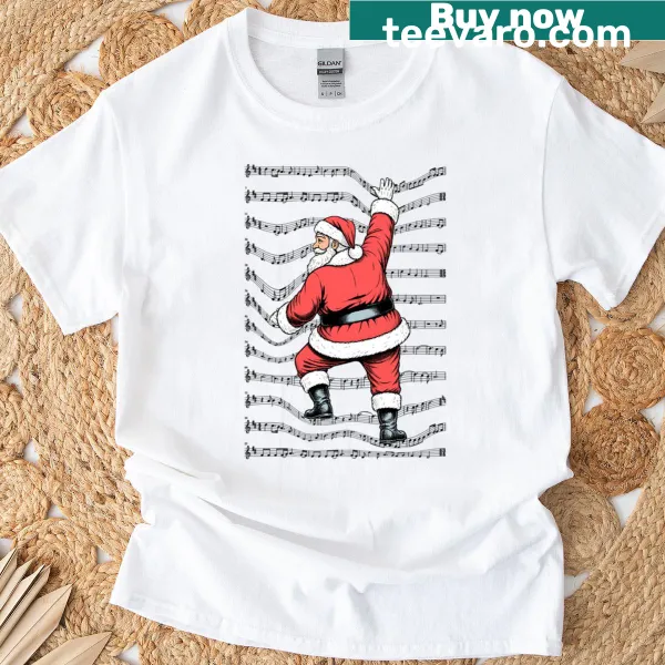Funny Christmas T-shirt with Santa climbing sheet music