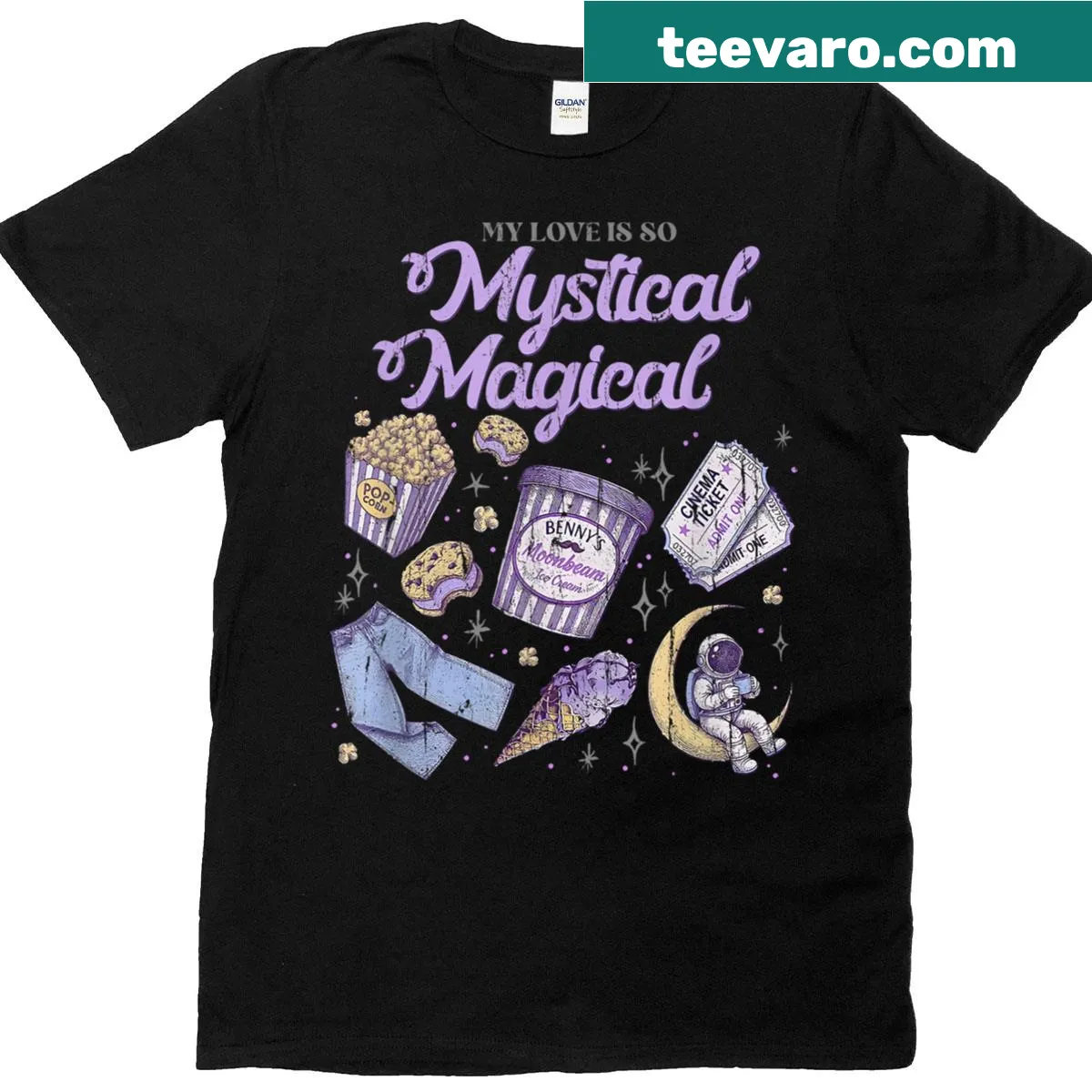 Whimsical typography on a T-shirt saying 'My Love Is So Mystical Magical' — on a men's t-shirt