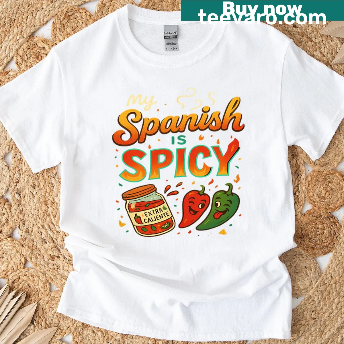 Humorous t-shirt with 'My Spanish Packs Heat' text design — on a men's t-shirt
