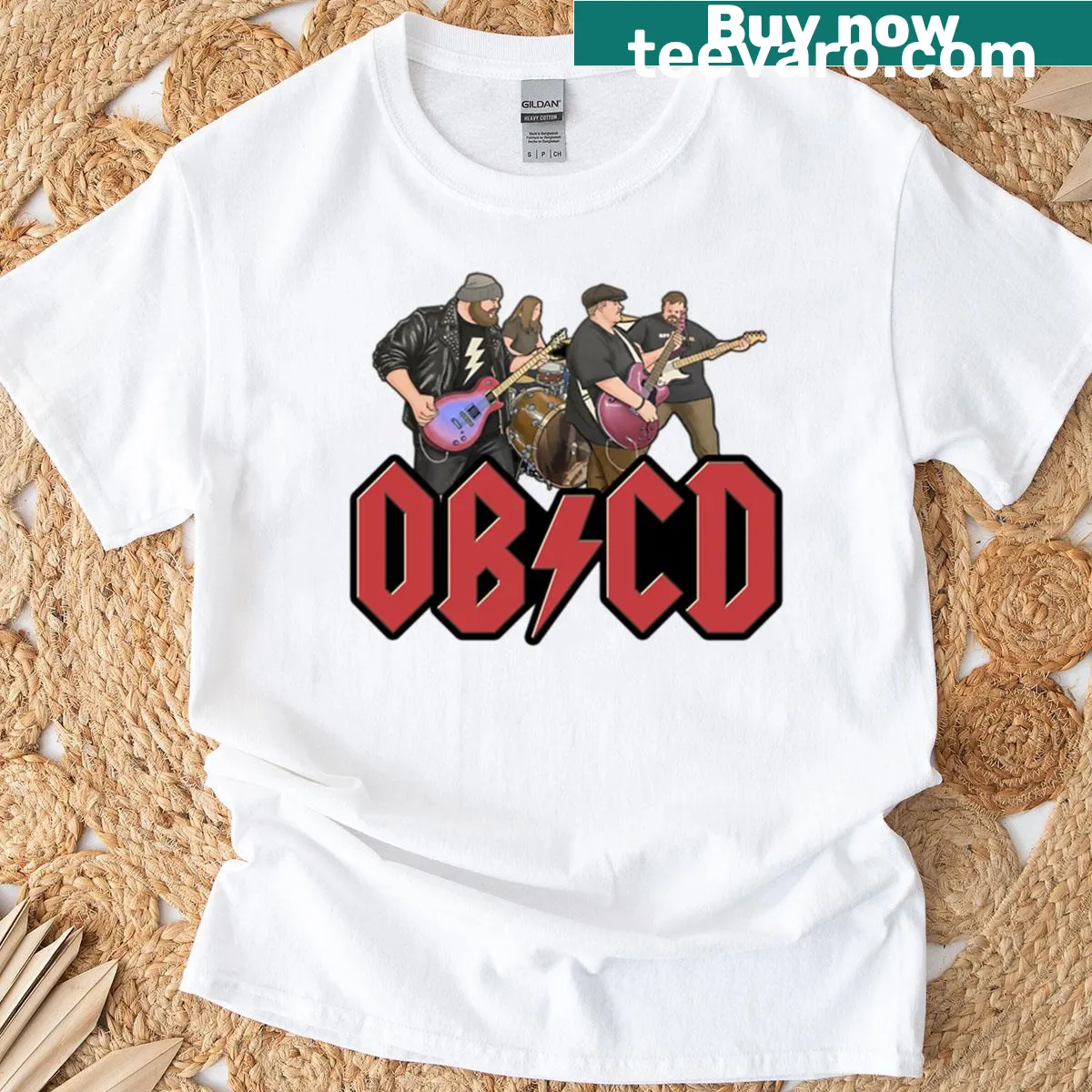Badge-style t-shirt honoring the Obcd Fat Band — on a men's t-shirt