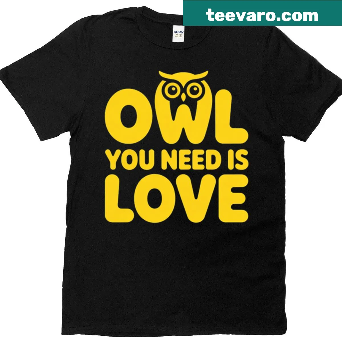 Cute owl illustration t-shirt with 'Owl You Need Is Love' slogan — on a men's t-shirt