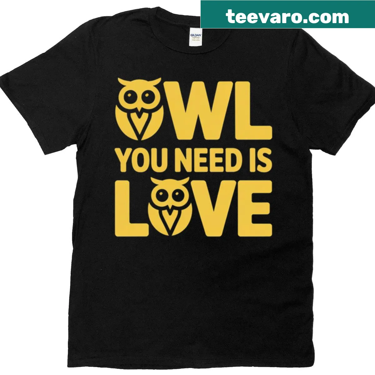Cute T-shirt with owl graphic and 'Owl You Need Is Love' text — on a men's t-shirt