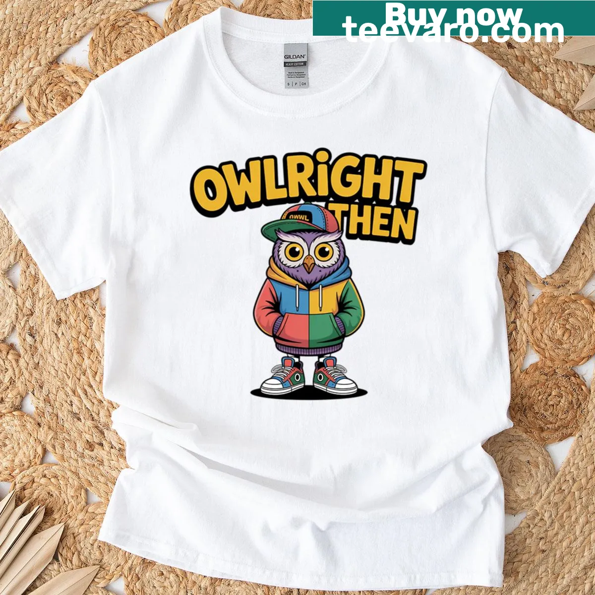 Cute owl design with the phrase 'Owlright Then' on a t-shirt — on a men's t-shirt