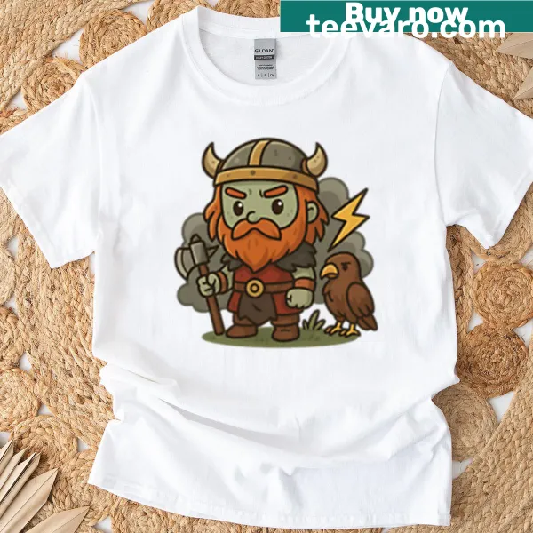 Chibi-style Perun graphic design on a casual t-shirt