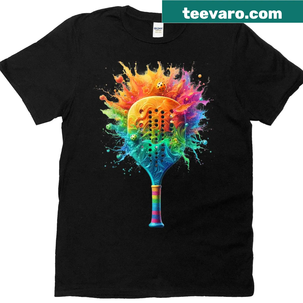 Playful pickleball paddle graphic T-shirt with splash colors — on a men's t-shirt