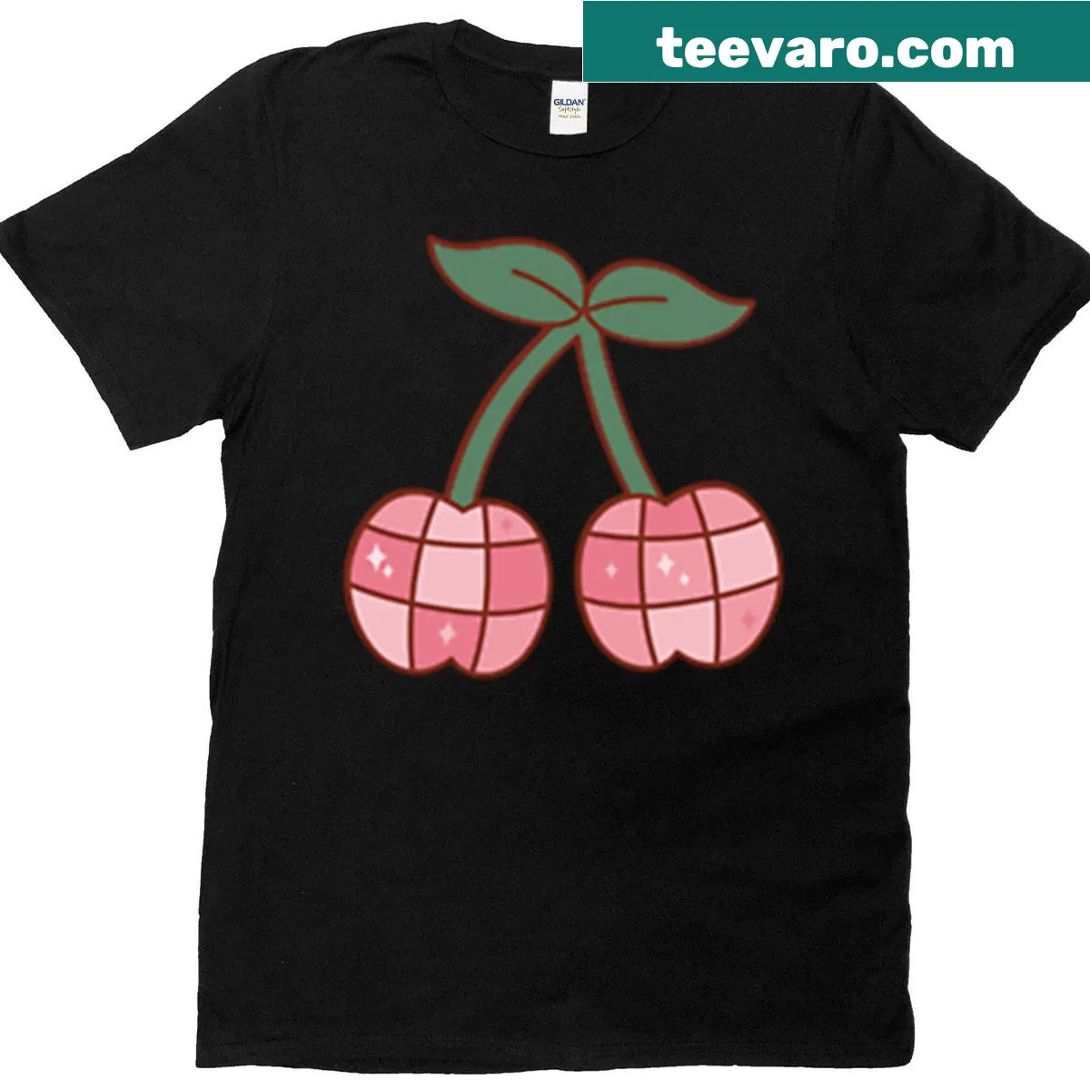 T-shirt with cartoon-style sparkling pink cherries design — on a men's t-shirt