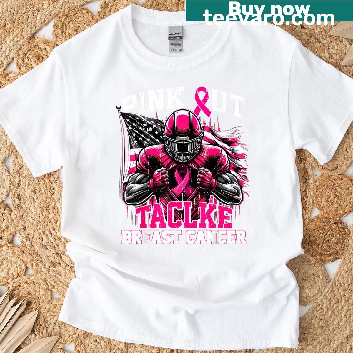 T-shirt supporting breast cancer awareness with football theme — on a men's t-shirt