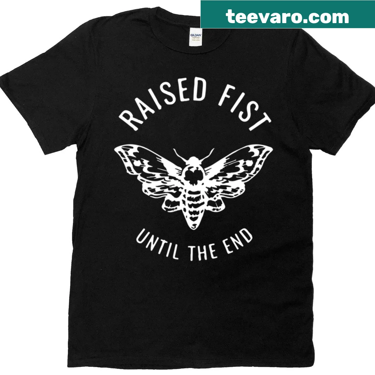 Illustration of a raised fist on a music band t-shirt — on a men's t-shirt