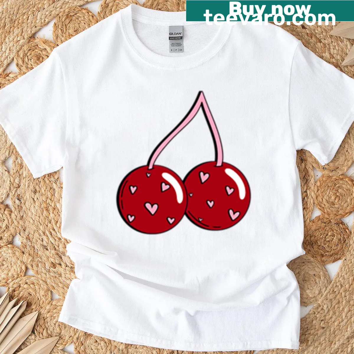 Cute aesthetic t-shirt featuring red cherries and hearts illustration — on a men's t-shirt