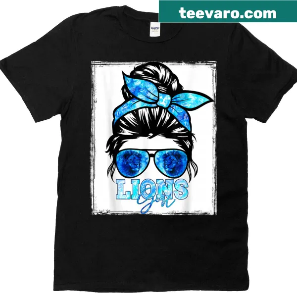 Retro-style t-shirt featuring a lion and a girl with a messy bun for sports fans