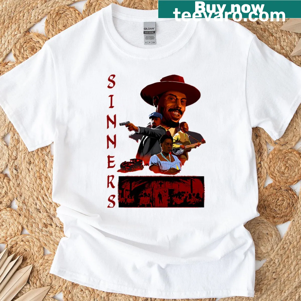 Retro horror film themed T-shirt with vintage graphic design — on a men's t-shirt