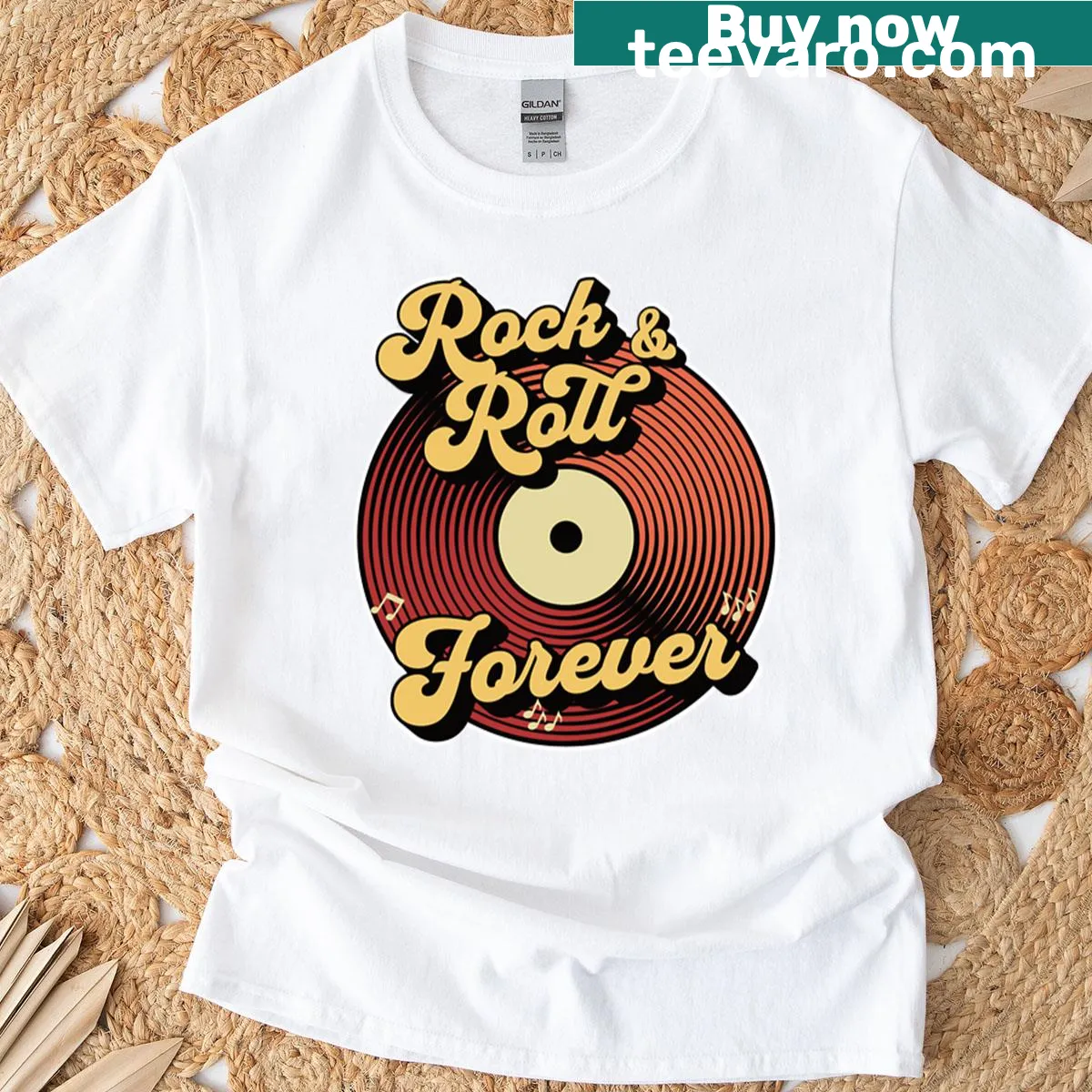 Bold typography t-shirt that says Rock And Roll Forever — on a men's t-shirt