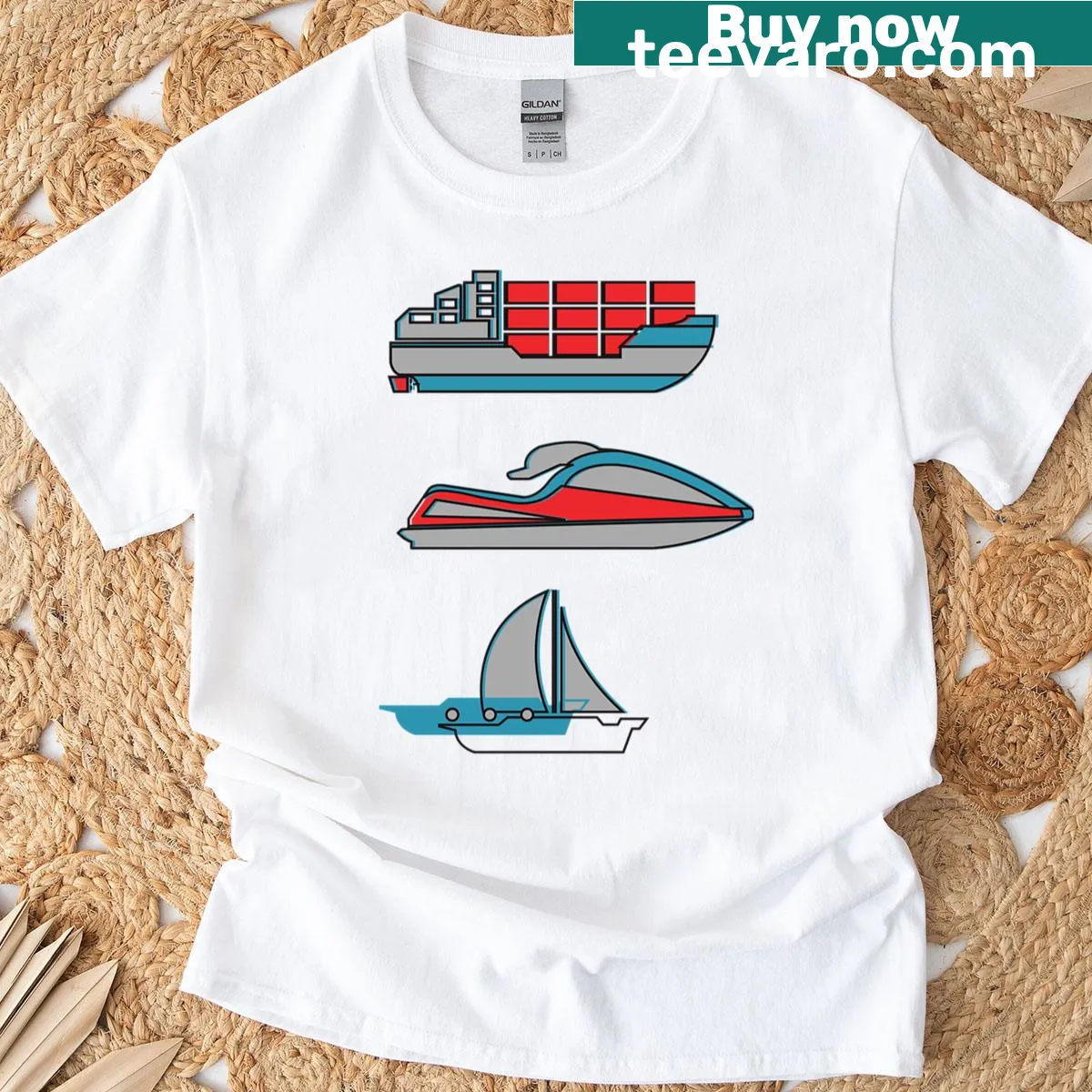 T-shirt featuring sailboats and wave runners design — on a men's t-shirt