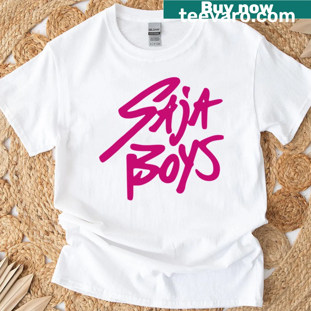 Cartoon design of Saja Boys Kpop band with a demon theme — on a men's t-shirt