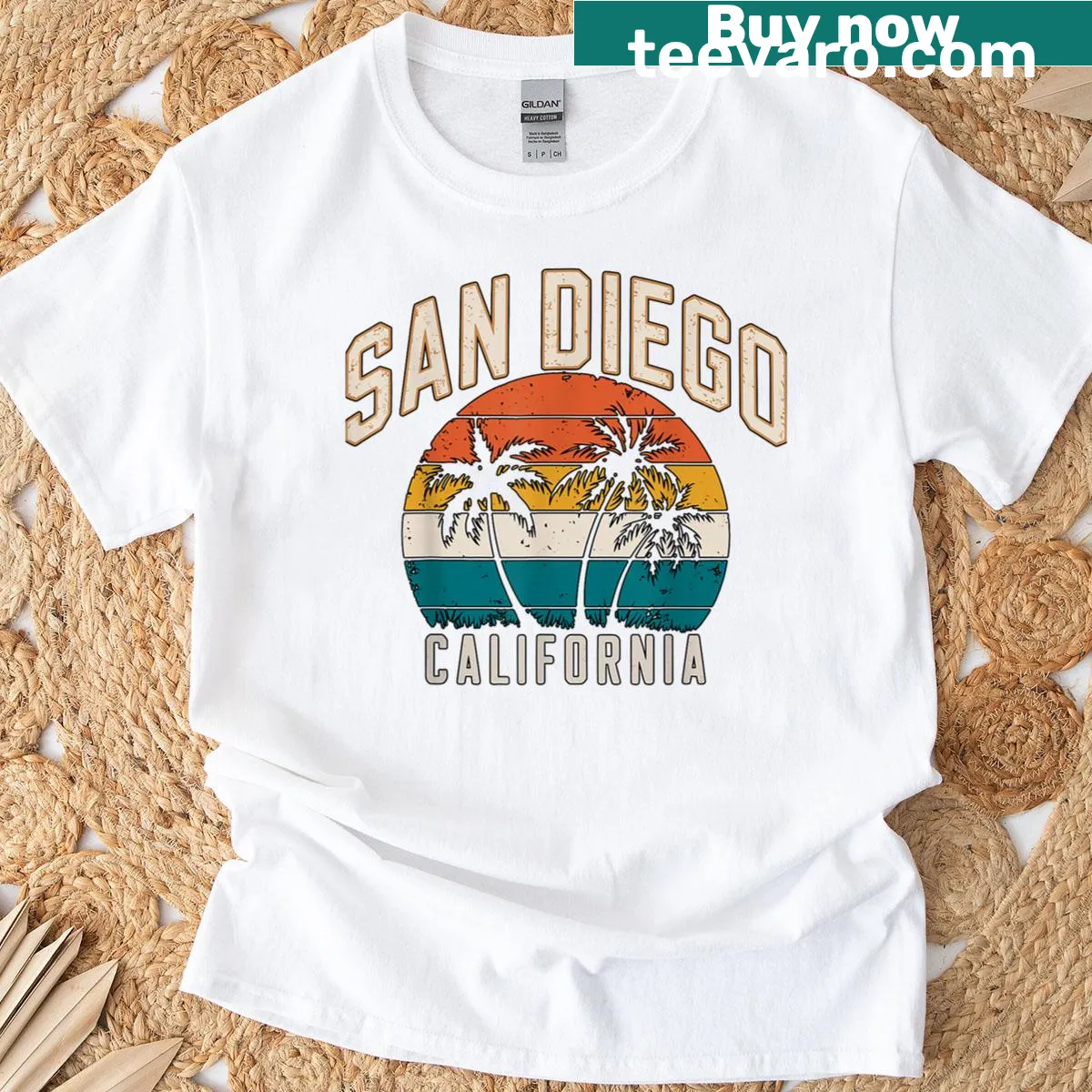 Vintage travel T-shirt featuring San Diego sunset and palm trees. — on a men's t-shirt