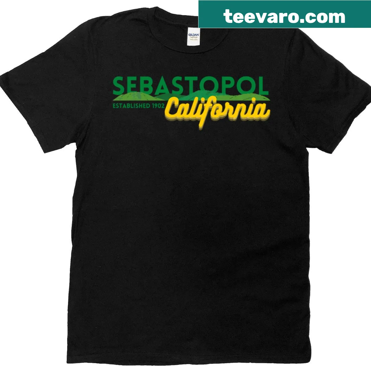 Illustrated T-shirt representing Sebastopol, California — on a men's t-shirt