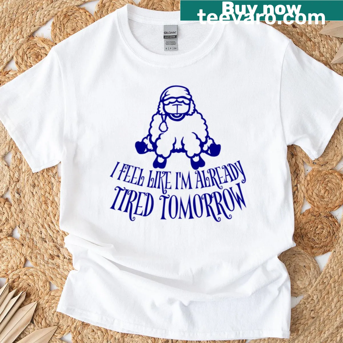 Whimsical T-shirt with sheep graphic and tired phrase — on a men's t-shirt