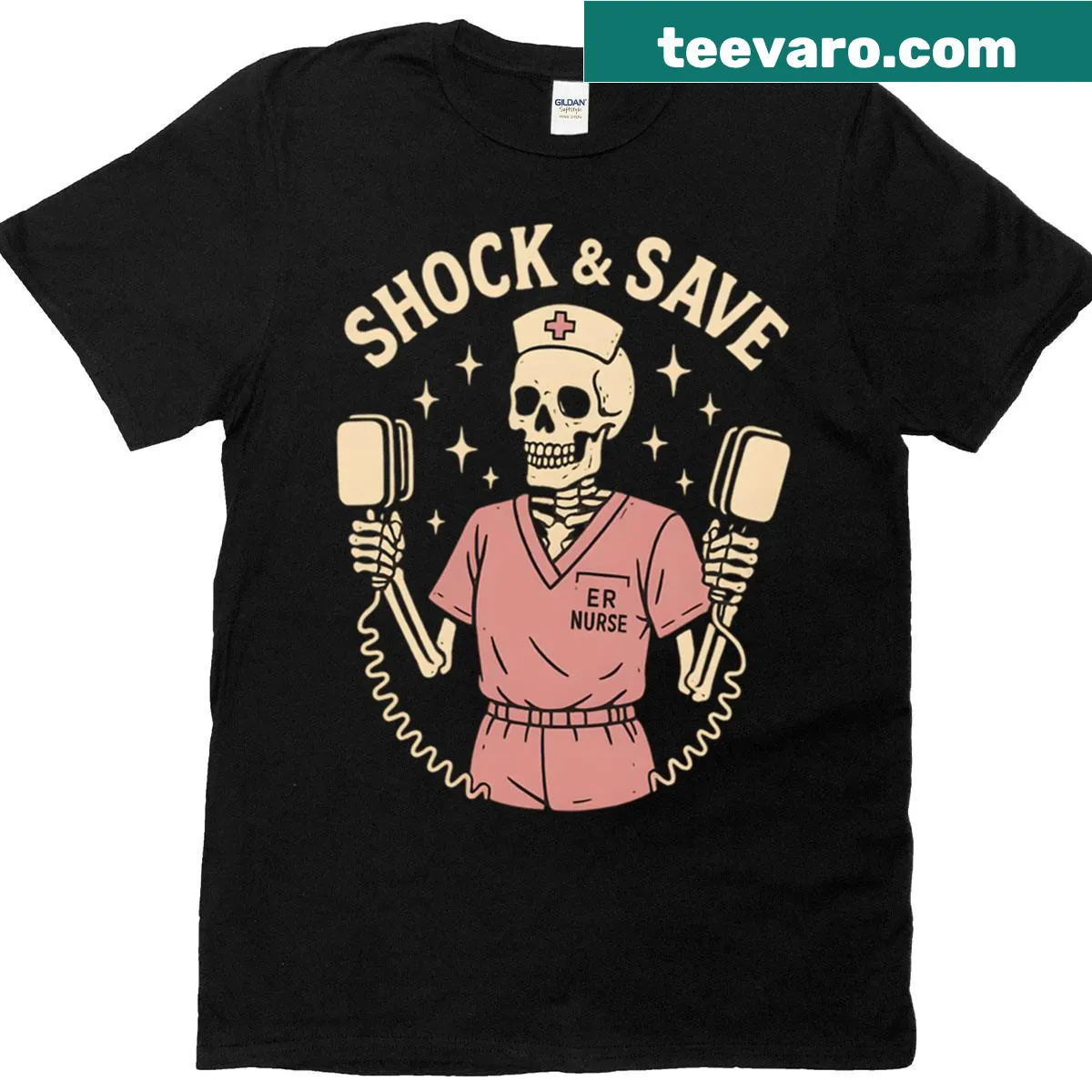 Halloween-themed t-shirt with a spooky skeleton nurse illustration — on a men's t-shirt