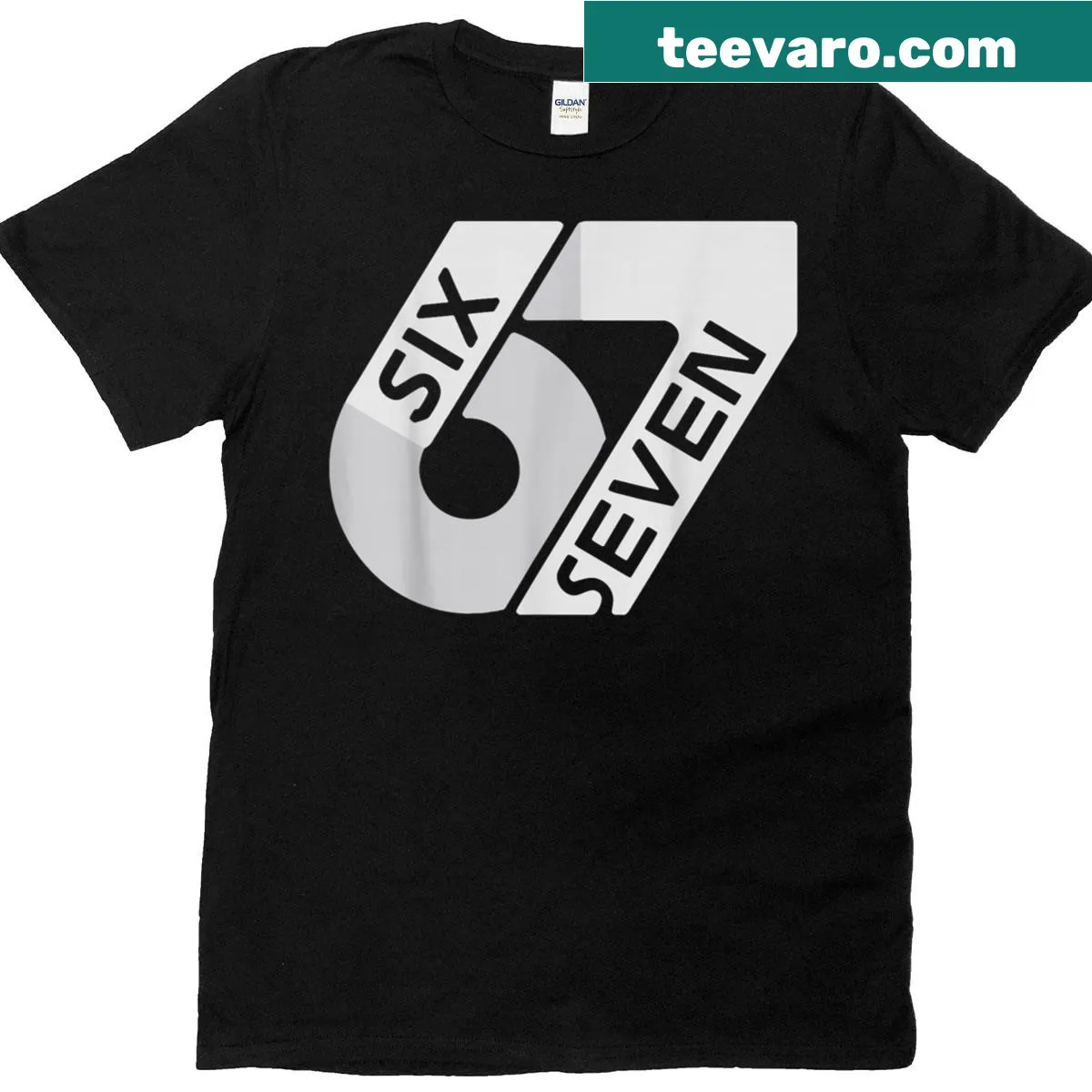 Minimalist typography shirt with 'Six Seven' design — on a men's t-shirt