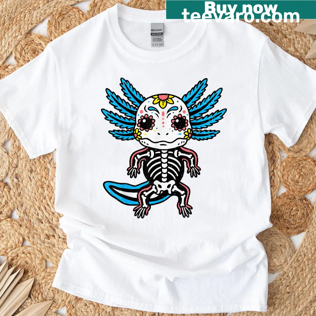 Cartoon skeleton axolotl design for Halloween kids t-shirt — on a men's t-shirt