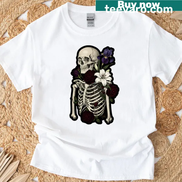 Skeleton intertwined with botanical elements in a detailed illustration