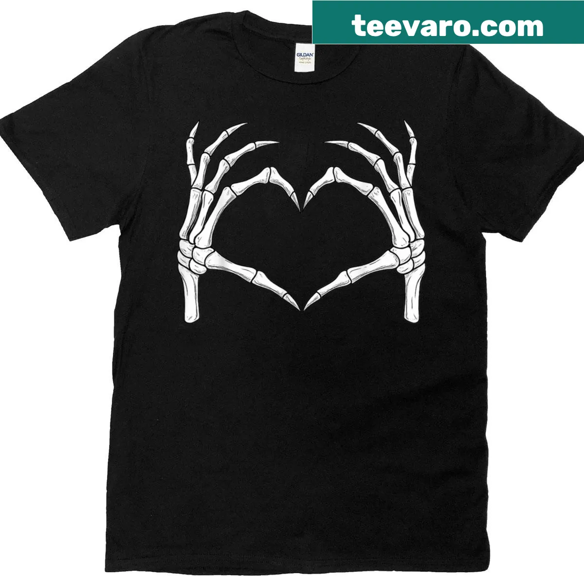 Skeleton hands forming a heart shape in a spooky Halloween design — on a men's t-shirt