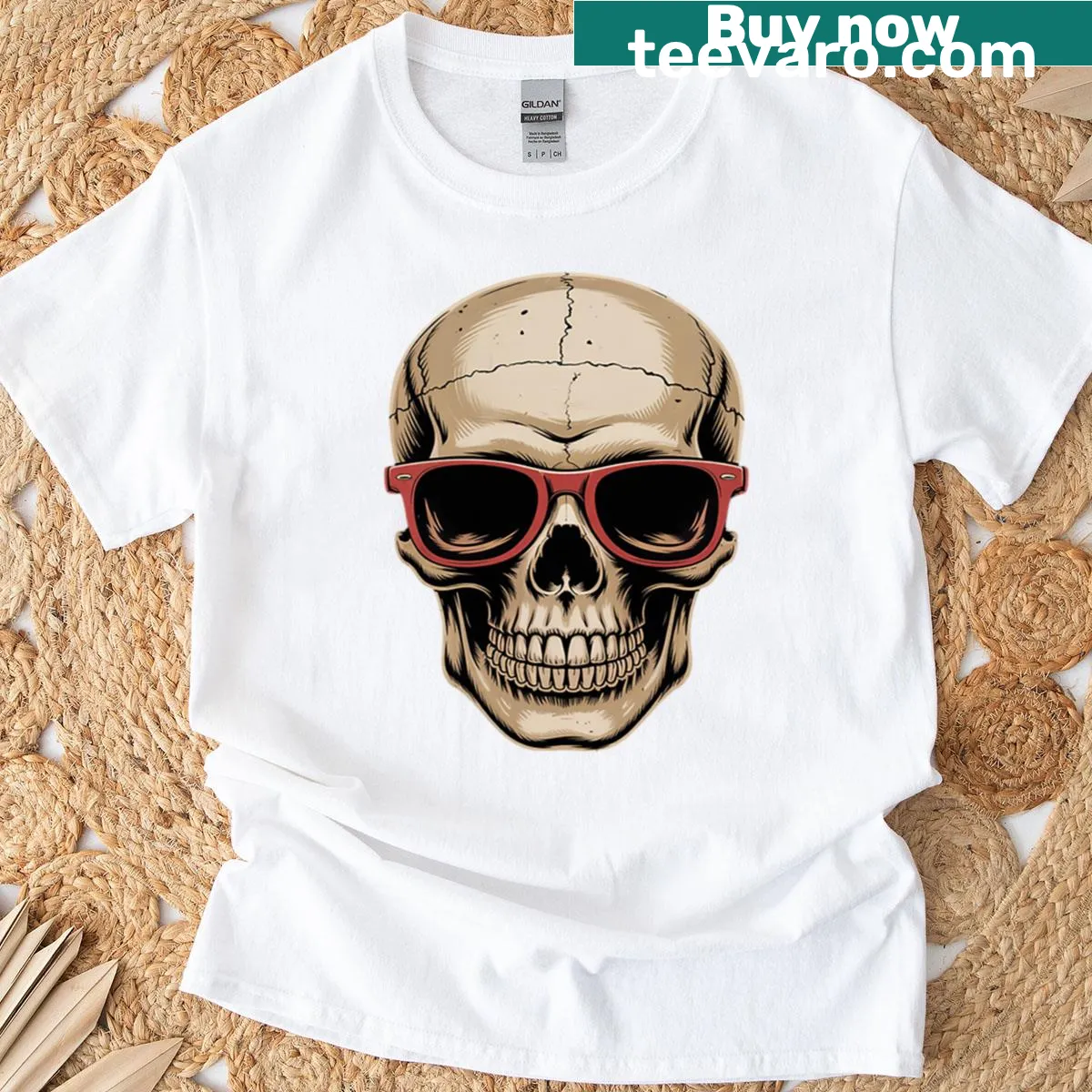Skull T-shirt with sunglasses design, perfect for Halloween — on a men's t-shirt