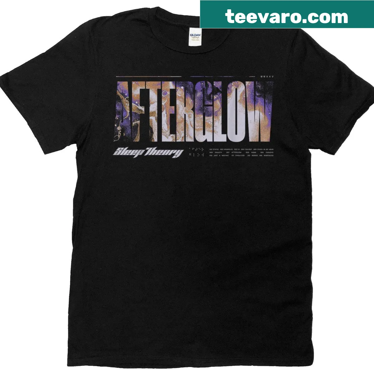 Sleep Theory Afterglow tracklist T-shirt with typographic design — on a men's t-shirt