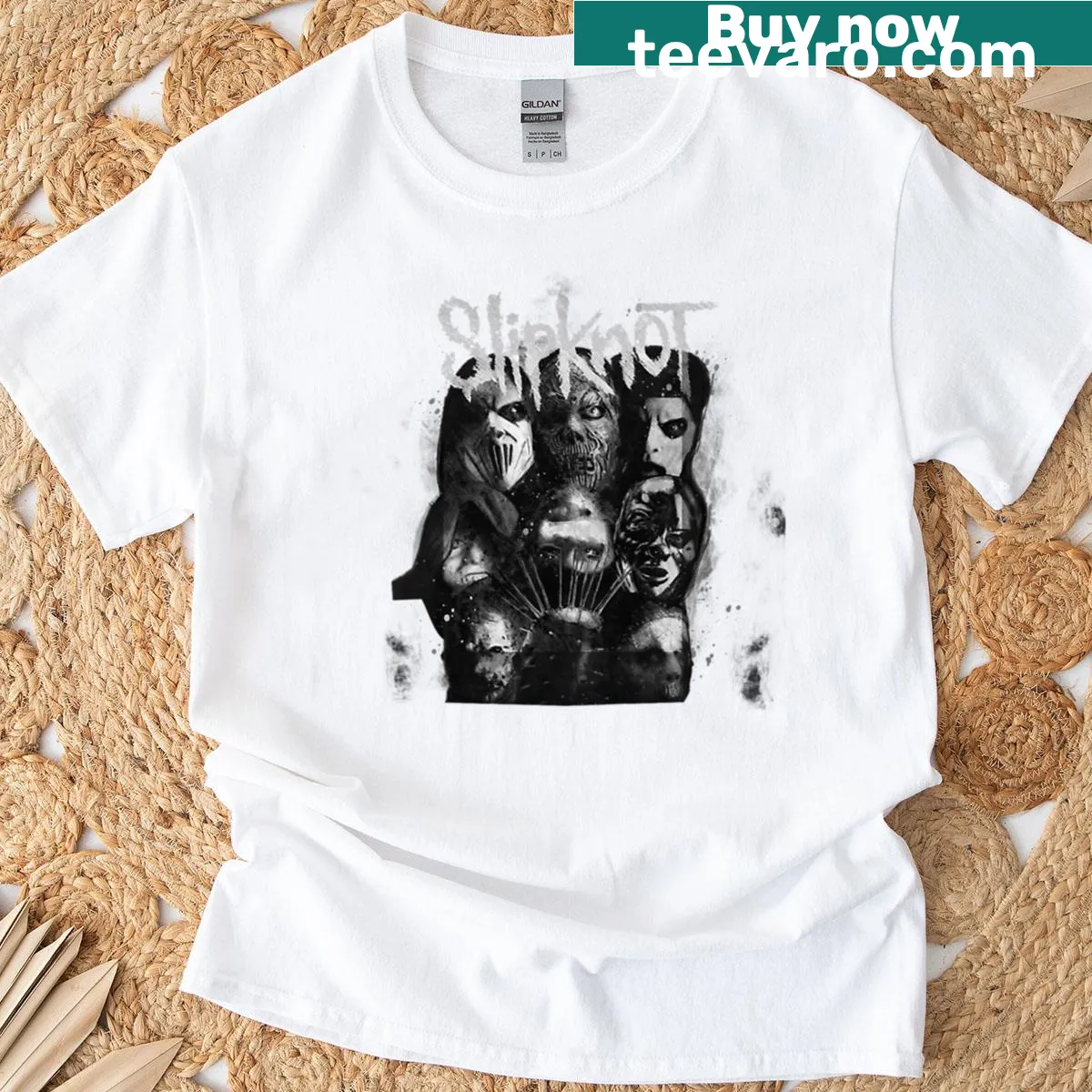 Slipknot We Are Not Your Kind t-shirt with a splatter graphic design — on a men's t-shirt
