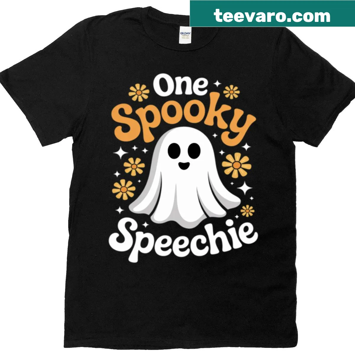 Spooky Speechie Halloween T-shirt with playful typography — on a men's t-shirt