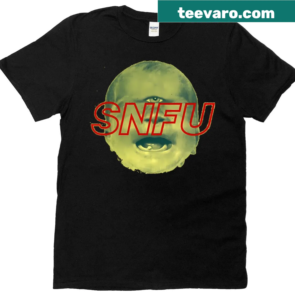 Playful illustration T-shirt featuring Snfu and punk music theme — on a men's t-shirt