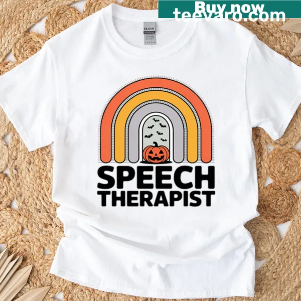 Cartoon speech therapist design with pumpkins and bats for Halloween