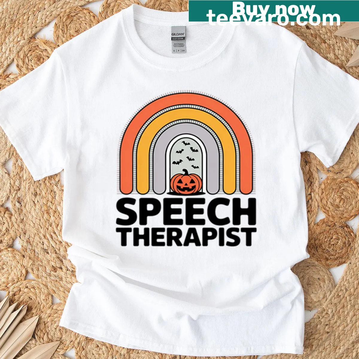 Cartoon speech therapist design with pumpkins and bats for Halloween — on a men's t-shirt