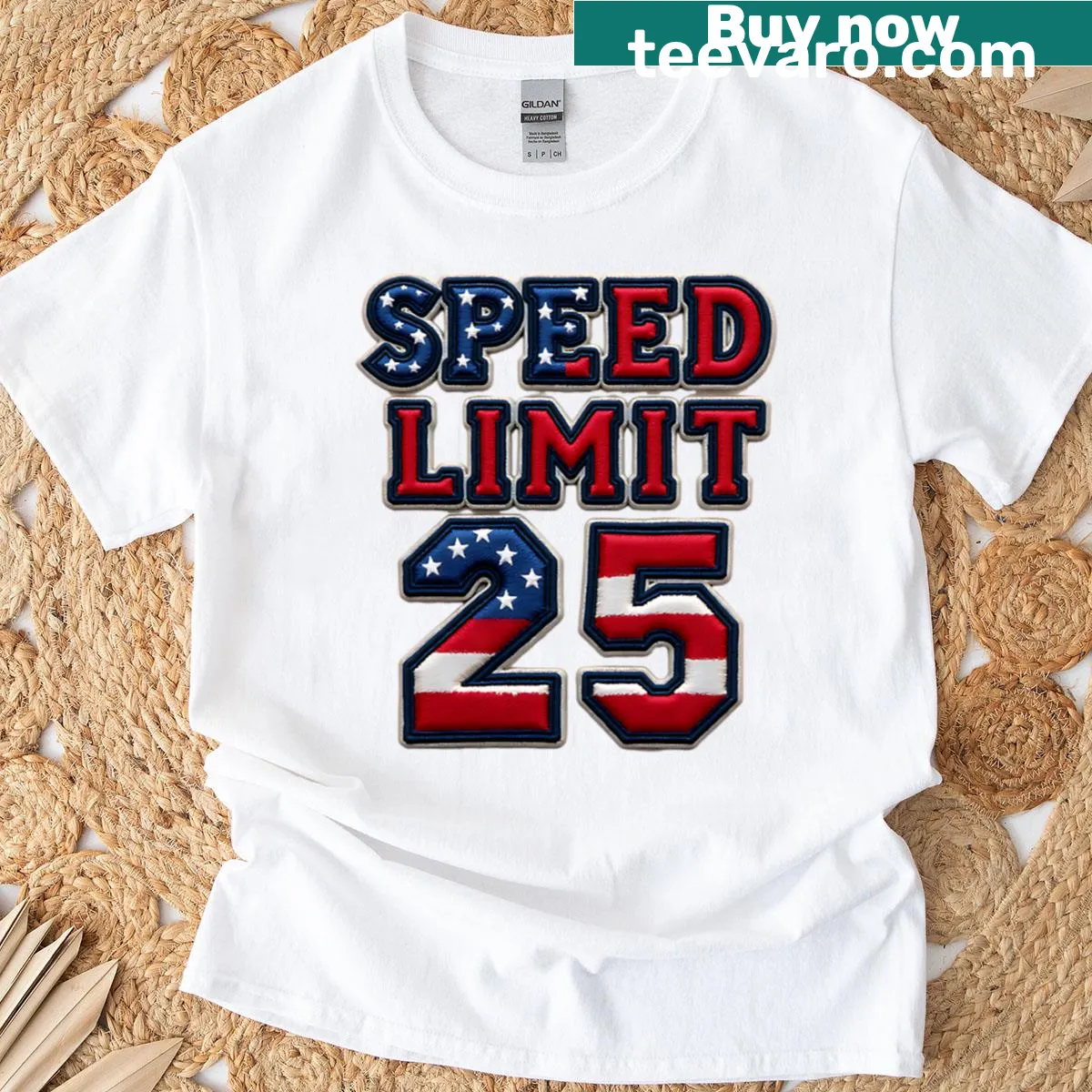 Funny T-shirt with a speed limit joke and USA flag design — on a men's t-shirt