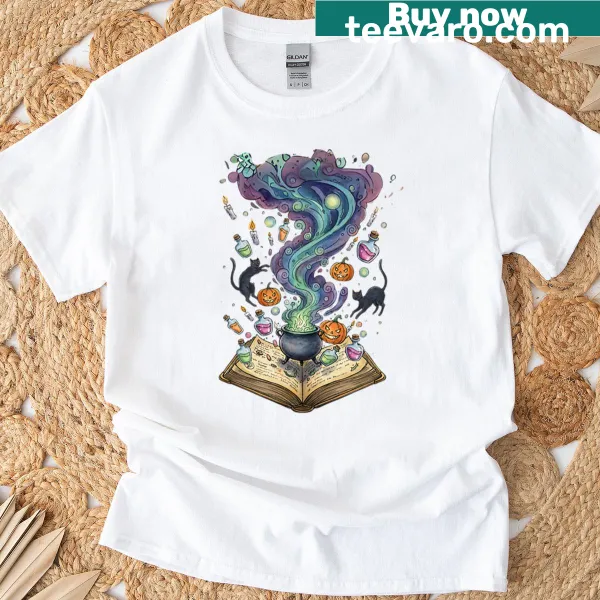 Halloween-themed t-shirt featuring cats and potion illustrations