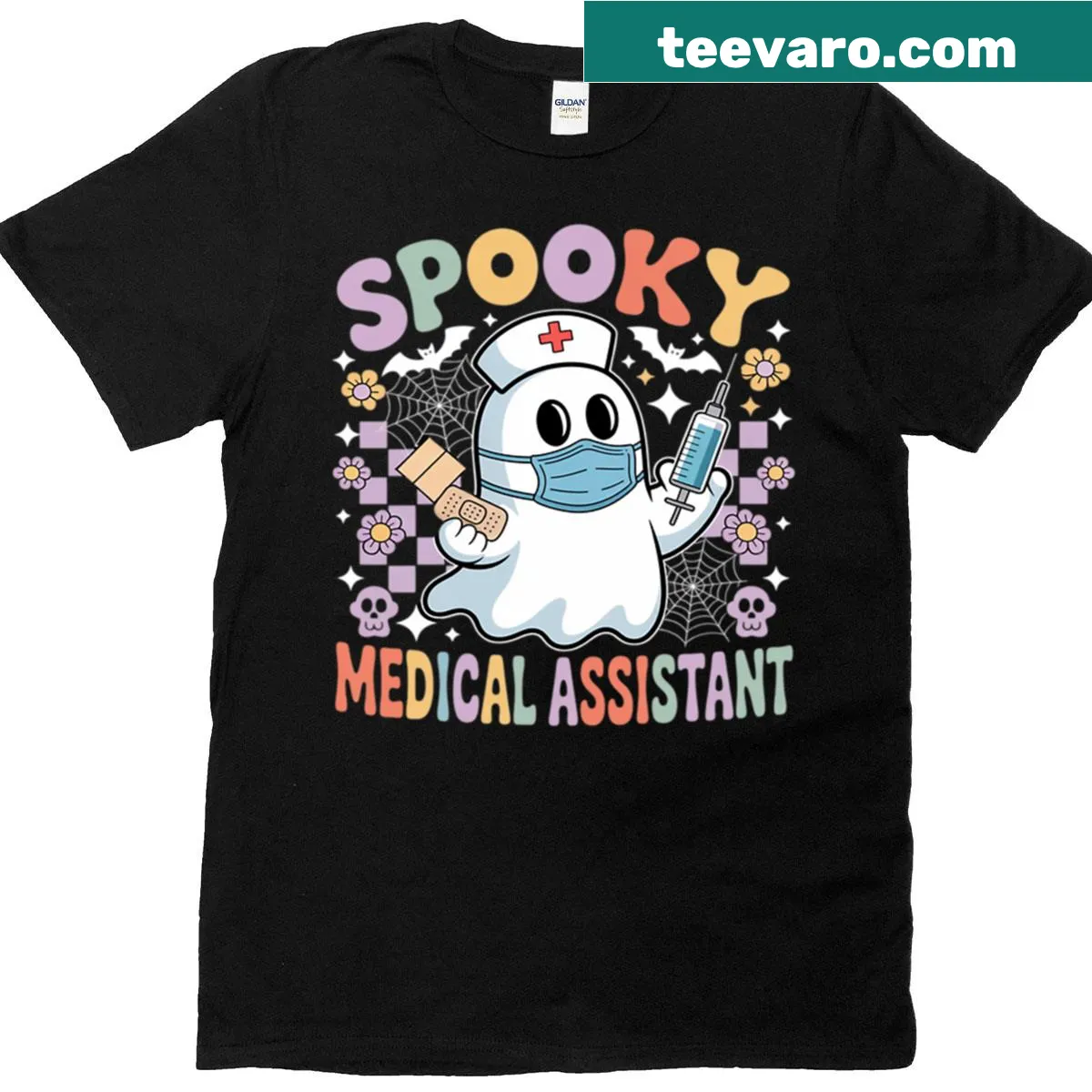 Halloween-themed t-shirt with a ghostly medical assistant graphic — on a men's t-shirt