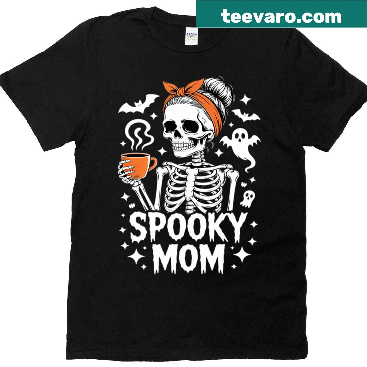 Vintage Spooky Mama t-shirt with groovy Halloween lettering — on a men's t-shirt