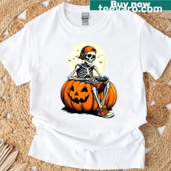 Illustration of a pumpkin skeleton gamer on a Halloween T-shirt