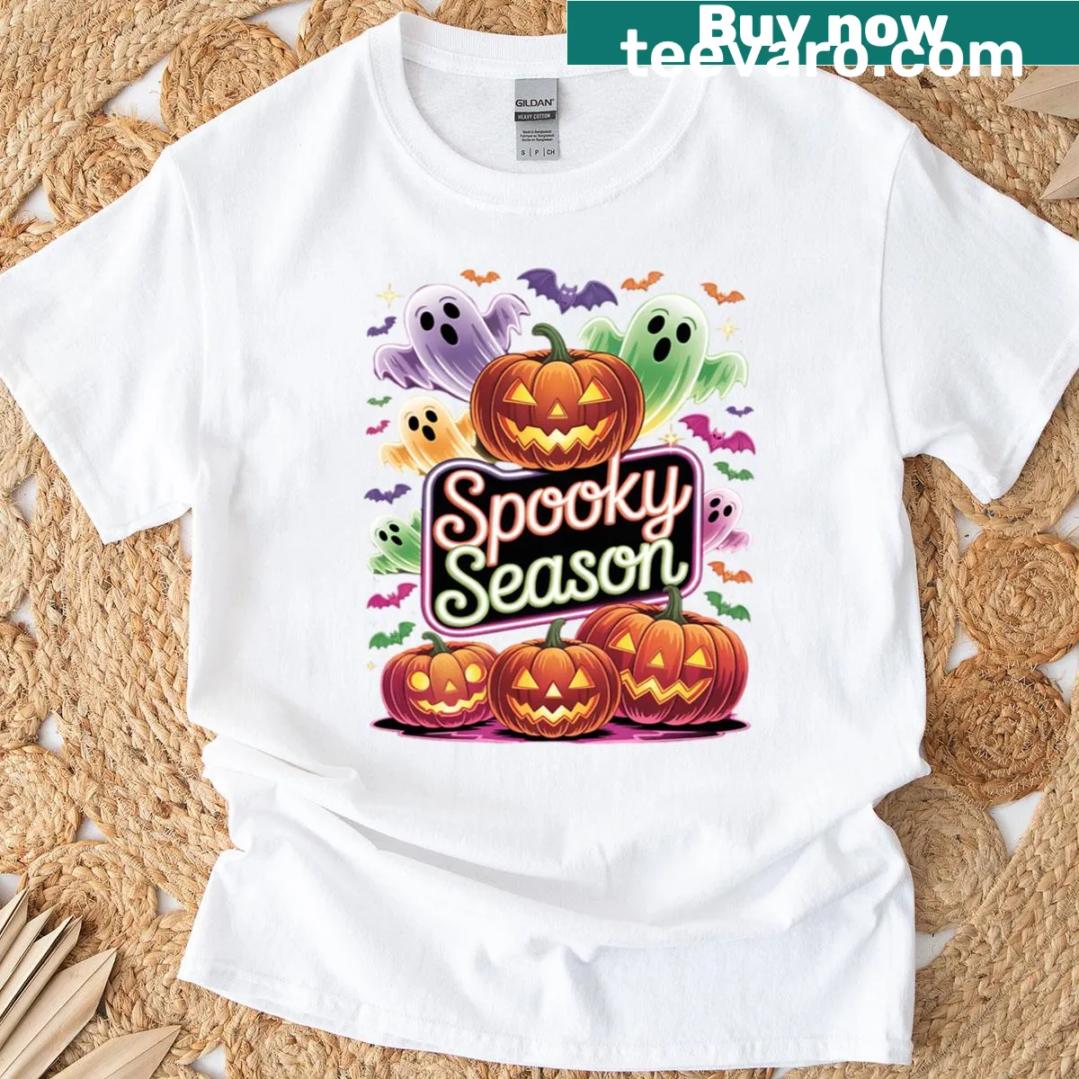 Cute ghost-themed Halloween t-shirt with neon graphics — on a men's t-shirt