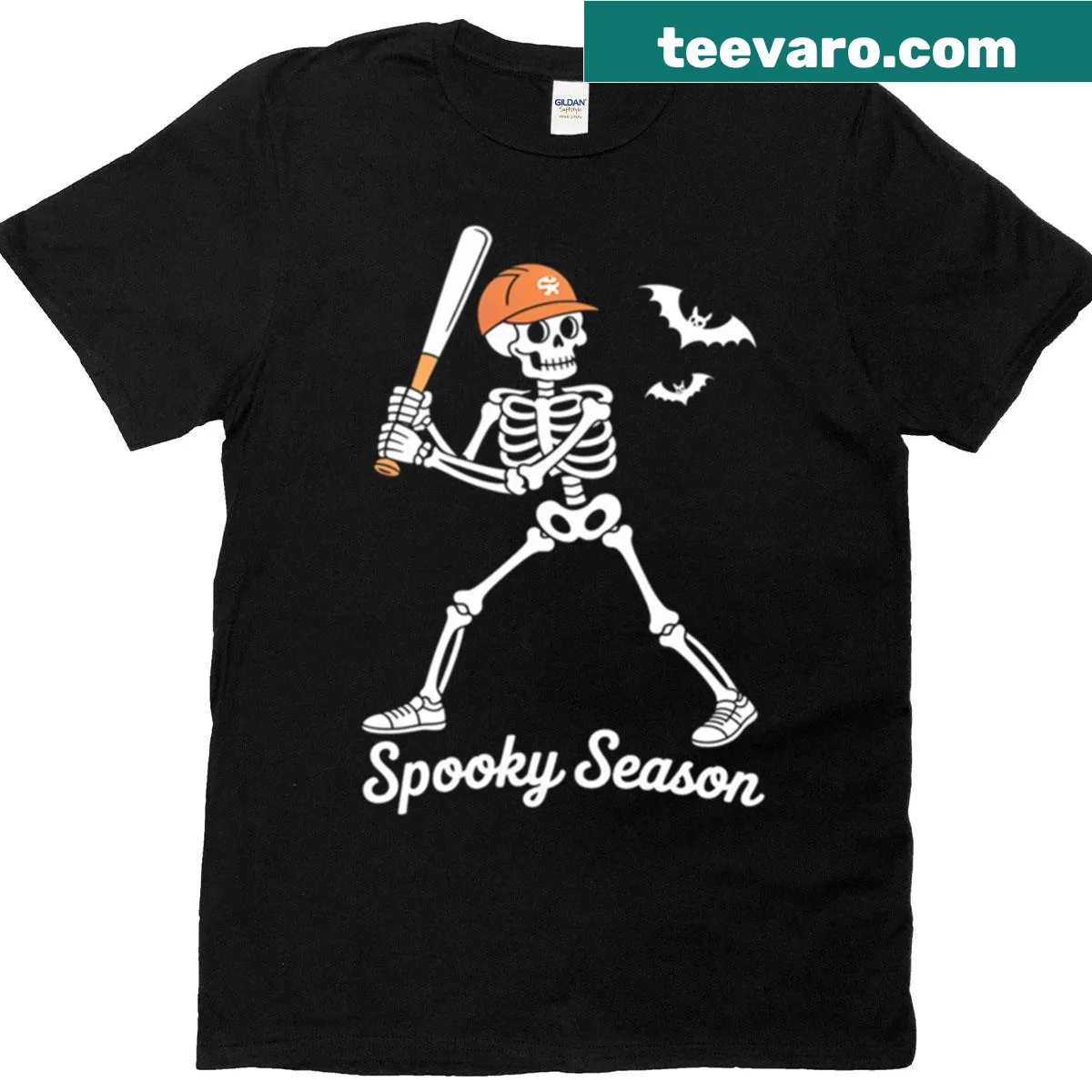 Skeleton baseball player t-shirt featuring a Halloween theme — on a men's t-shirt