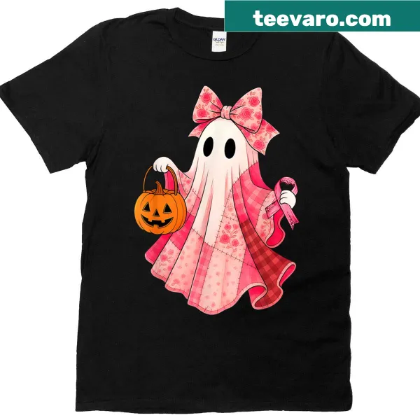 Cute pink ghost graphic on a preppy Halloween t-shirt