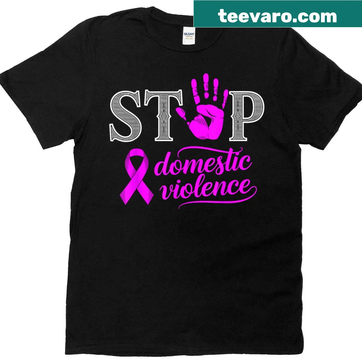 Purple ribbon graphic on a t-shirt for domestic violence awareness — on a men's t-shirt