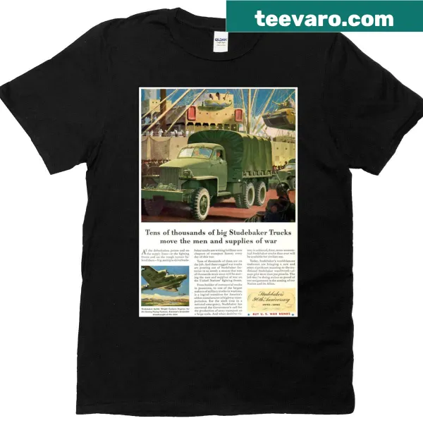 Vintage-style t-shirt featuring Studebaker trucks from WWII
