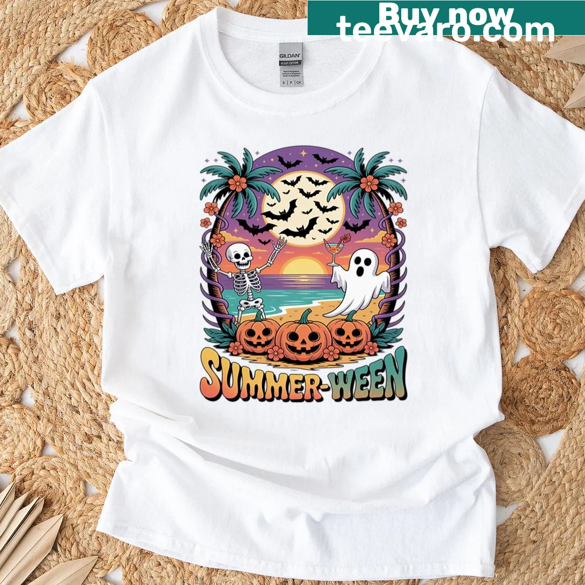 Whimsical t-shirt celebrating Summerween with beach-themed Halloween graphics — on a men's t-shirt